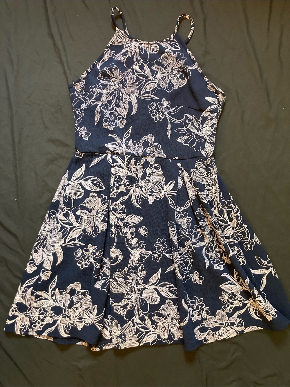Soprano Floral Halter Dress Navy Blue White Fit and Flare Size Large
